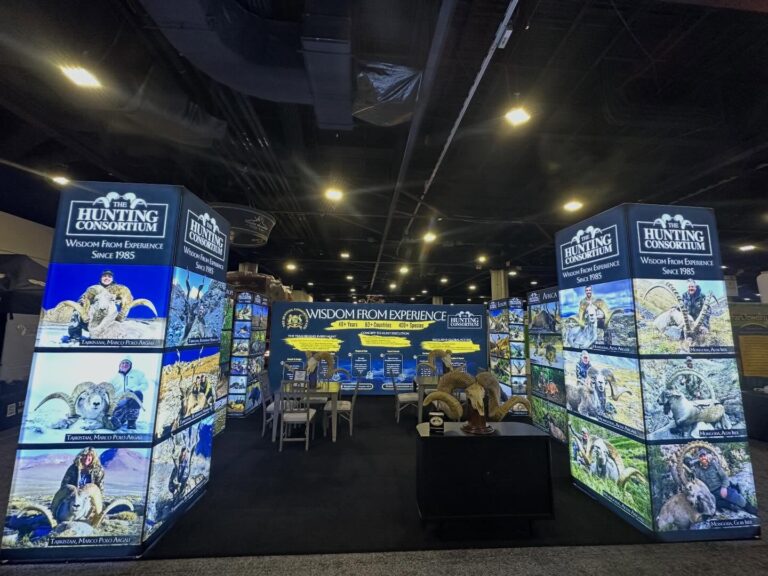 Dallas Safari Club 2026 featured Hunting Consortium exhibit showcasing global big game hunting expeditions, record-book trophies, and legacy destinations. DSC 2026.